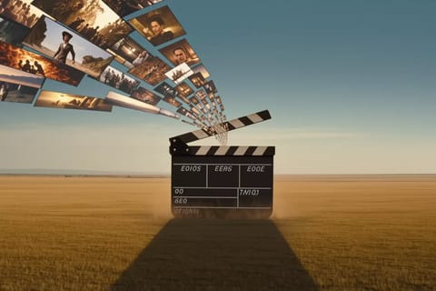 Artistic collage of cinematic multi-shots: explosive action, futuristic cityscapes, and dramatic lighting.