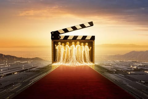 Dramatic 3D render of glowing AI circuits overlaying a Hollywood clapperboard stamped with "TAX".