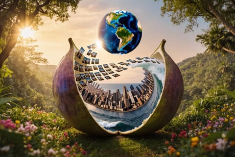 3D render of glowing AI orb launching colorful video streams over a global digital map.