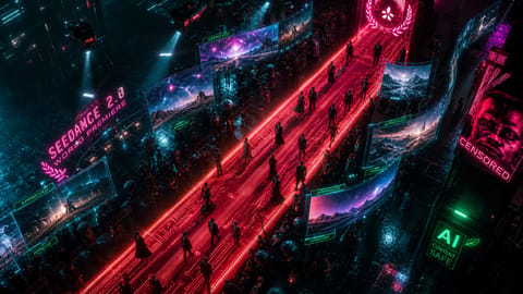 Glamorous red carpet Hollywood premiere with spotlights, elegant crowd, and futuristic AI dancers in vibrant 3D render.