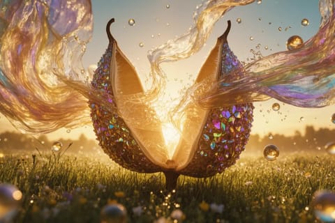 3D rendered glowing seeds dynamically dancing amid swirling holographic video frames and neon trails.
