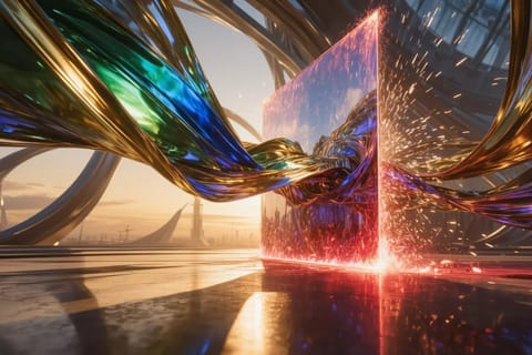 Futuristic 3D render of swirling video frames hitting glowing red NSFW barriers in neon cyberpunk style.