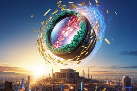 Futuristic 3D render of swirling multi-input streams merging into a vibrant, dancing video vortex.
