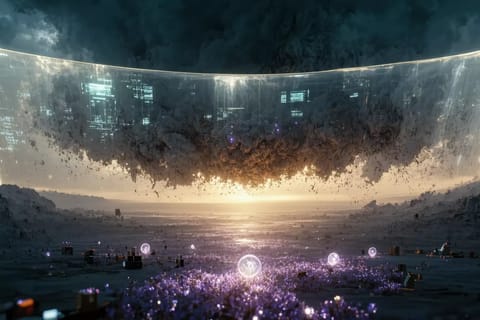 3D rendered digital landscape with chained video screens and glowing red ban symbols overlaying abstract forms.
