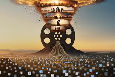 Futuristic 3D render of swirling neon lights, ethereal dancers, and glowing holographic waves.