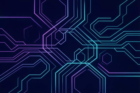 Dark tech background with vibrant neon blues, purples, glowing circuits, and abstract video frames.