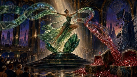 Vibrant 3D render of ethereal dancers swirling amid glowing AI circuits and exploding gold coins.