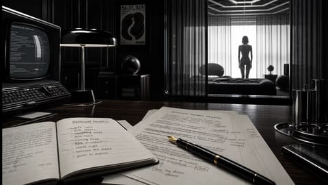 Wooden desk scattered with open notebooks, fountain pens, and handwritten sensual bedroom AI prompt drafts under warm lamplight.