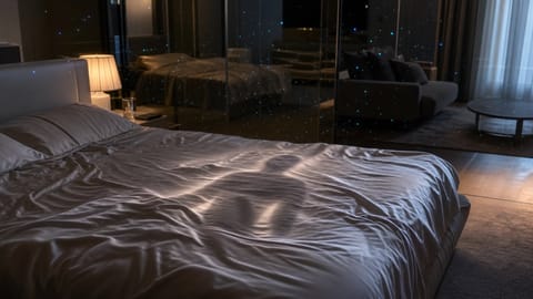 Elegant nude woman reclining on rumpled sheets in softly lit modern bedroom.