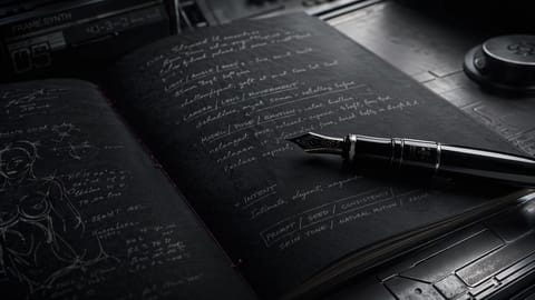Writer's desk with notebooks of sensual boudoir AI prompt video notes, fountain pens, and marked-up drafts.