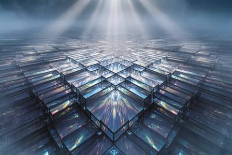Shadowy digital circuits forming intricate framework glowing blue against dark void.