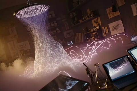 Amber and magenta workshop glowing with keyboards crafting "shower nude prompt" text-to-image streams and fluid water motifs
