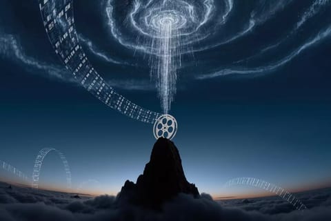 3D rendered cosmic sky with spinning film reels and pulsing audio waves syncing in vibrant hues.