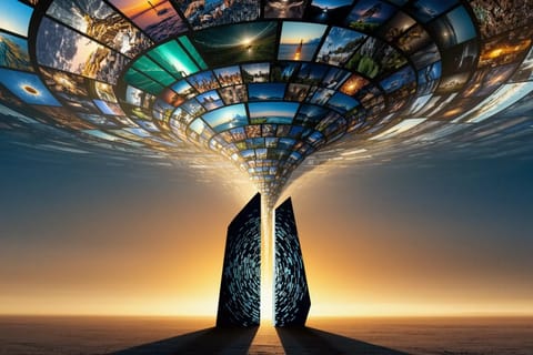 Futuristic 3D render of chat bubbles morphing into swirling video streams in neon blue hues.