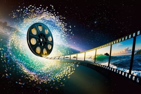 Dramatic 3D render of glitchy video frames shattering and fading into a dark digital void.