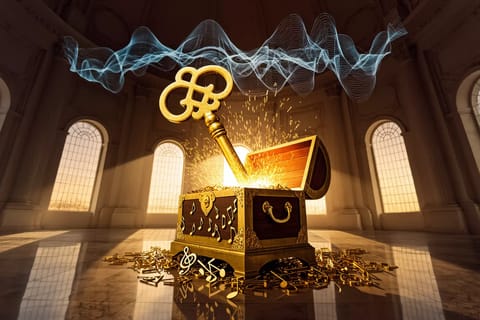 3D render of glowing music notes fusing with AI circuits atop a vibrant green waveform.