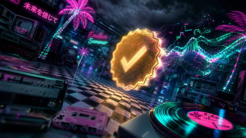 3D rendered golden Spotify badge amid swirling musical notes and glowing AI circuits.