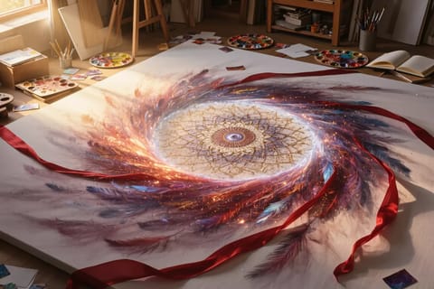 Surreal creative workspace with purple-magenta glowing pathways, amber tool constellations, and style mixing prompts fusion.