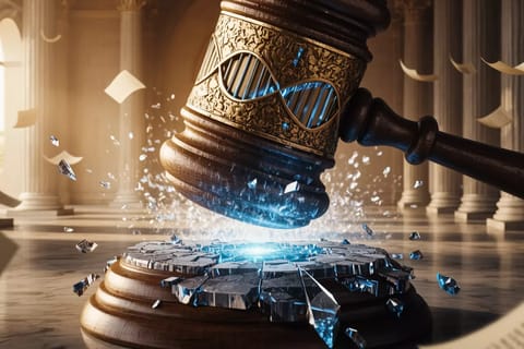 3D render of Supreme Court building fused with glowing AI circuits and shattered copyright symbol.