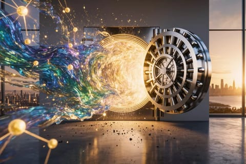 Explosive 3D render of sleek handheld gadget surging through skyrocketing graphs and gold coins.