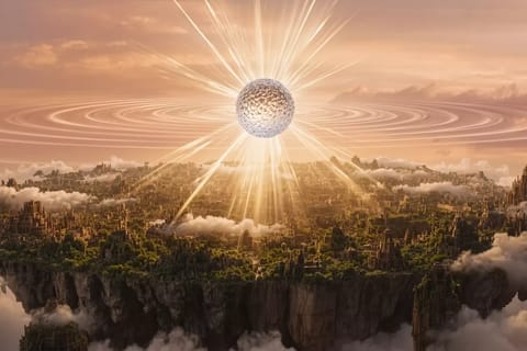 Futuristic 3D render of radiant dawn light piercing ethereal game landscape with glowing particles and holograms.