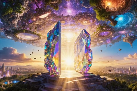 A vibrant 3D-rendered futuristic world with floating geometric structures, glowing particles, and expansive digital horizon.