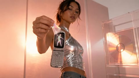 3D rendered smartphone screen showing TikTok video with glowing "AI Generated" disclosure badge.