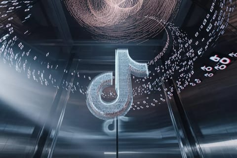 Abstract 3D render of TikTok video screen with glowing neural watermark overlay and circuit patterns.