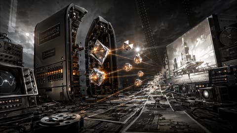 Abstract 3D render of six glowing orbs connected by luminous energy trails in cosmic void.