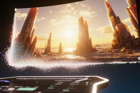 3D rendered glowing video frames diffusing into sharp, vibrant enhancements with particle trails.