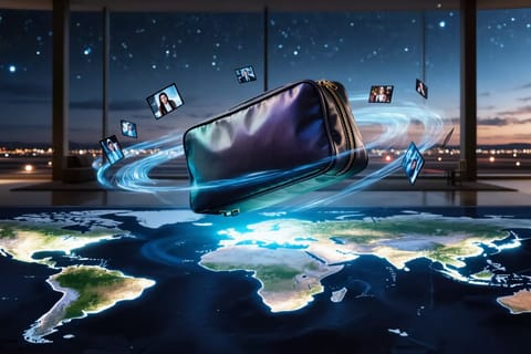 Hot pink neon cityscape with electric purple glow, suitcase of travel sex toys AI videos syncing on golden screens.