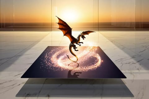 Futuristic 3D model materializes from swirling colorful particles against dark cosmic background.