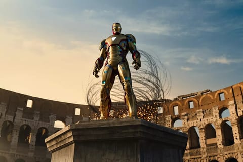 3D render of Donald Trump shielding glowing AI circuits with a massive golden gavel and copyright seal.