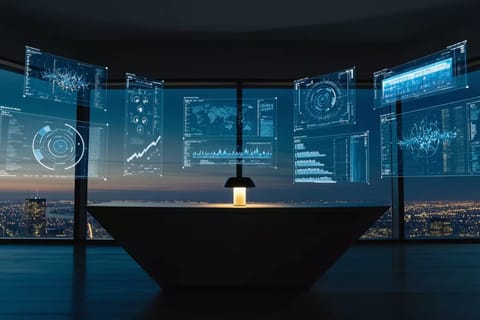 Cinematic blue-teal holographic Trump AI executive order with crystalline structures and isometric neural networks.