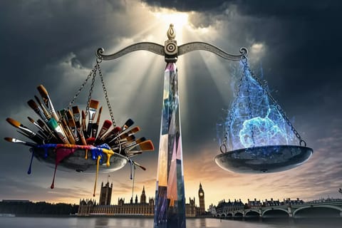 Dramatic 3D render of robed UK lord examining glowing AI circuits under ornate parliamentary arches.