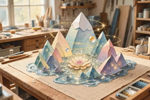 Dramatic 3D-rendered landscape with layered mountains, glowing foreground flora, and starry twilight sky.