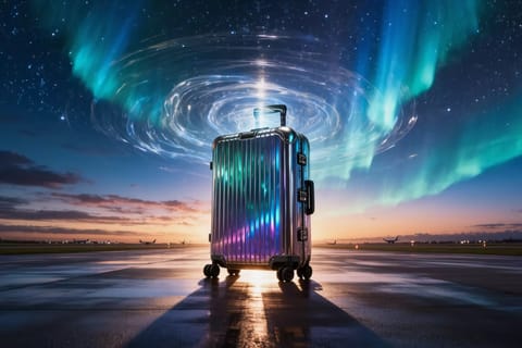 Stylized 3D render of compact sex toys in open suitcase with passport, airplane, and world map.
