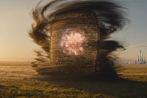 Vibrant 3D render of glowing neural network shielded by padlock against starry American flag.