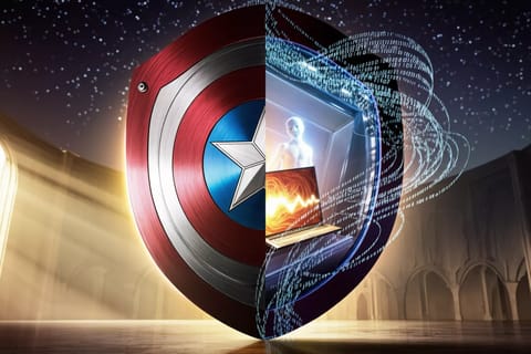 3D render of U.S. Capitol fused with glowing neural networks and protective shield emblem.