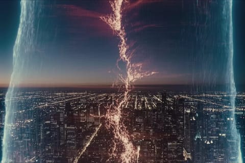 Futuristic 3D render of glowing video frames bursting through shattered digital barriers in neon cyberpunk style.