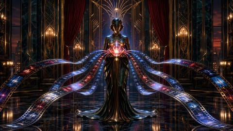 Futuristic 3D render of glowing AI orb generating swirling video reels and cinematic streams.