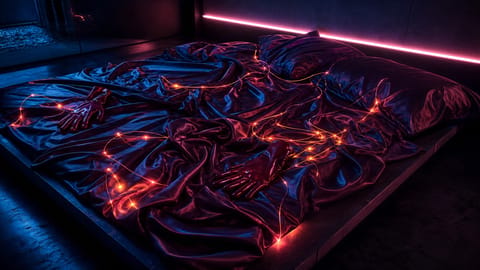 Abstract 3D render of glowing figures linked by pulsing light threads in darkness