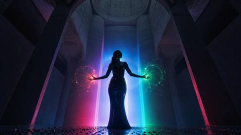 Futuristic figure in glowing VR headset, haptic suit, and AI holograms amid neon cyberscape.