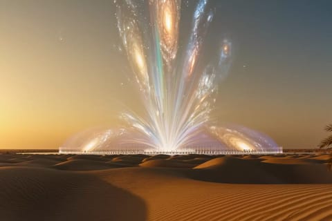 Dynamic 3D render of glowing AI orb colliding with pro video camera and editing tools in neon sparks.