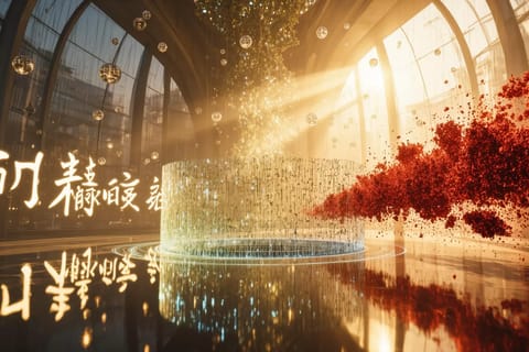 Surreal 3D render of sensual figures behind glowing digital barriers in cyberpunk neon style.