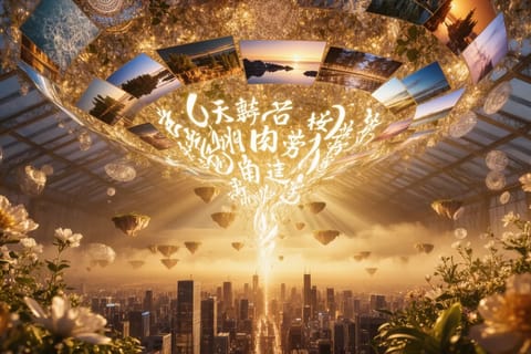 Vibrant 3D render of bilingual text morphing into high-res images on cosmic digital backdrop.