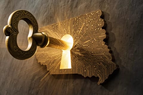 3D render of Washington state silhouette filled with morphing faces and glowing circuits.