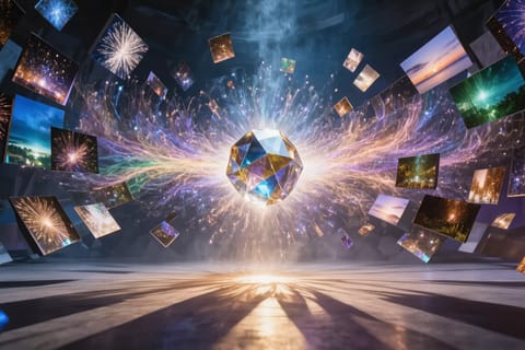 Artistic 3D render of converging neon beams forming a glowing central orb in cosmic space.