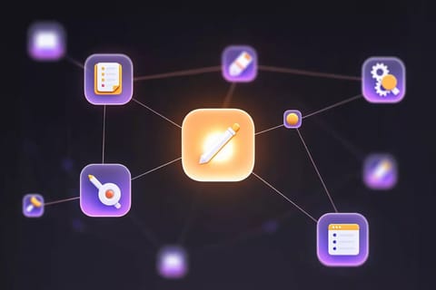 Purple-magenta workspace with glowing amber pathways forming extended video timelines and tool constellations for best AI porn generator long videos.