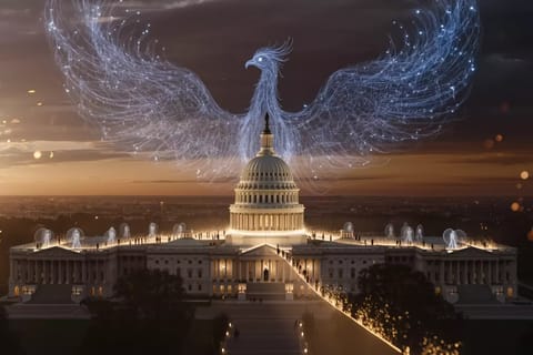 3D render of White House with glowing holographic blueprint overlay and ethereal light beams.